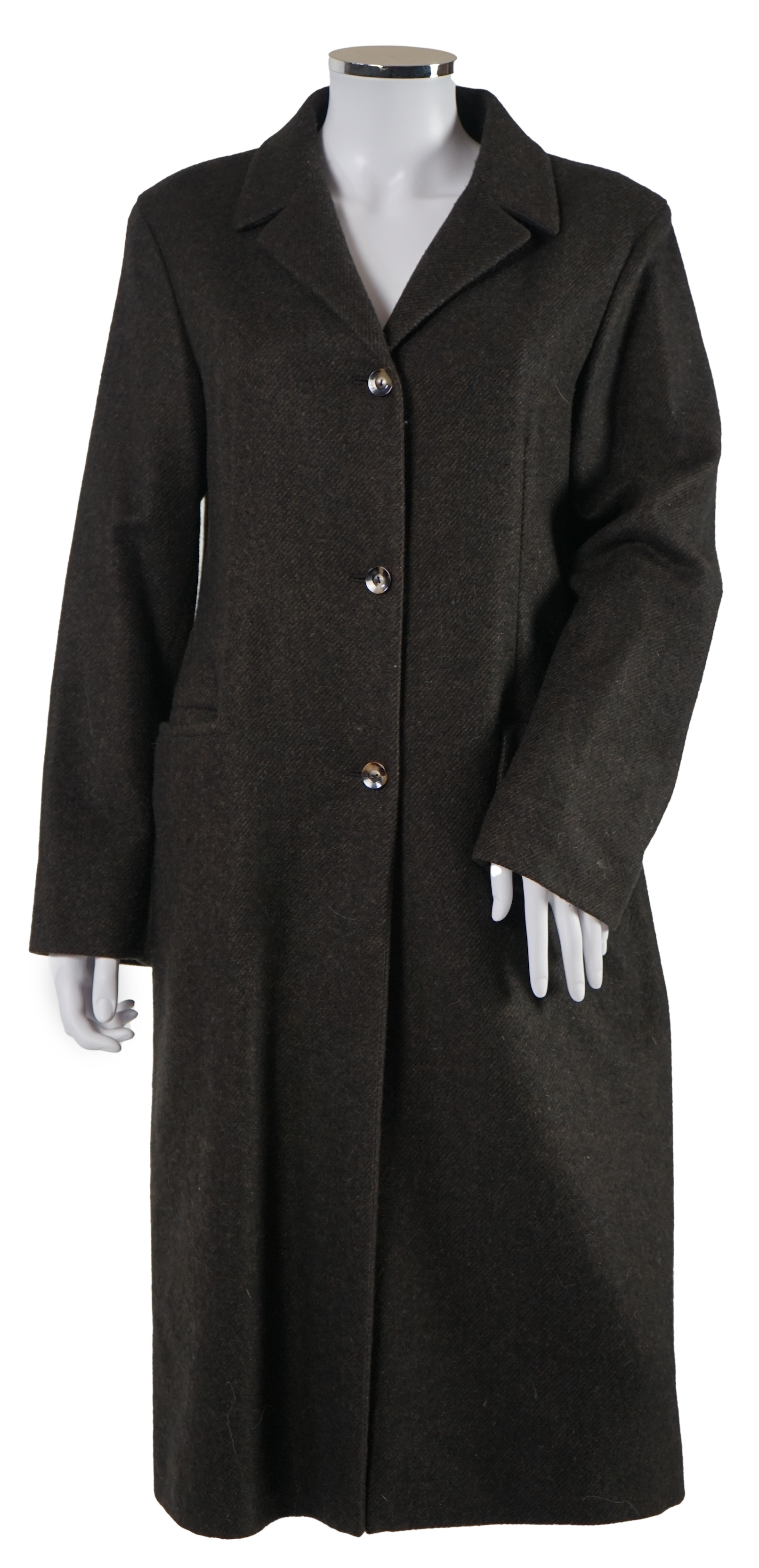 A lady's brown Loro Piana cashmere long coat and a grey cashmere knitted jacket. Approx Sizes 14 Proceeds to Happy Paws Puppy Rescue